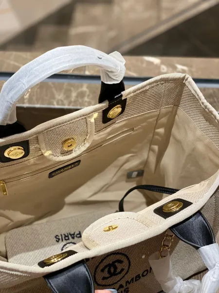 Chanel Deauville Tote Bag White Canvas with Black Logo - 37