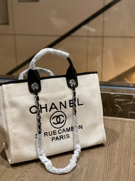 Chanel Deauville Tote Bag White Canvas with Black Logo - 52