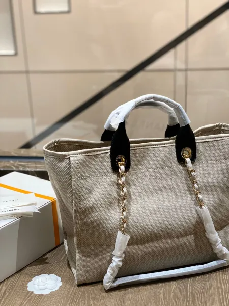 Chanel Deauville Tote Bag White Canvas with Black Logo - 35