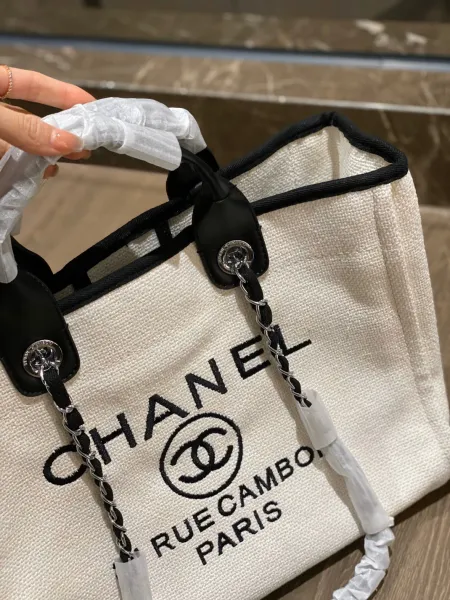 Chanel Deauville Tote Bag White Canvas with Black Logo - 53