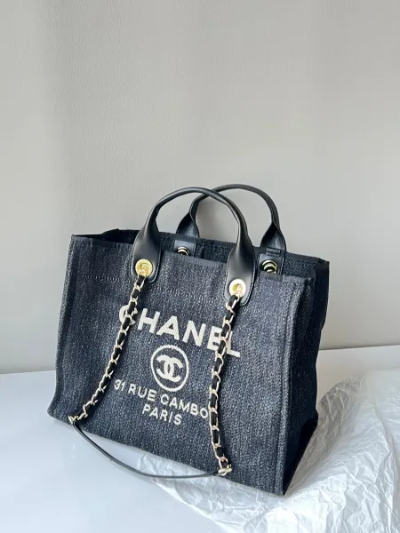 Chanel Deauville Tote Bag White Canvas with Black Logo - 40