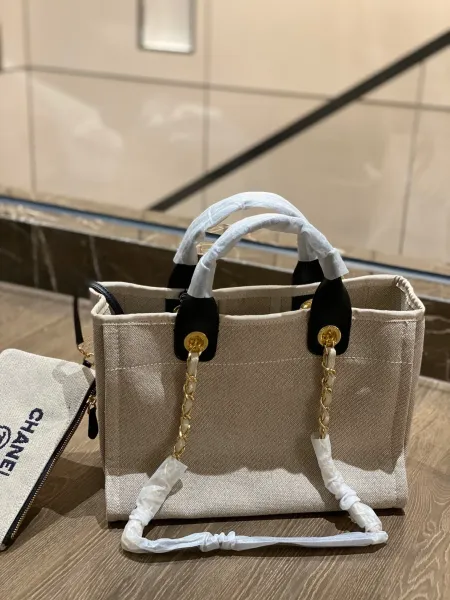 Chanel Deauville Tote Bag White Canvas with Black Logo - 27