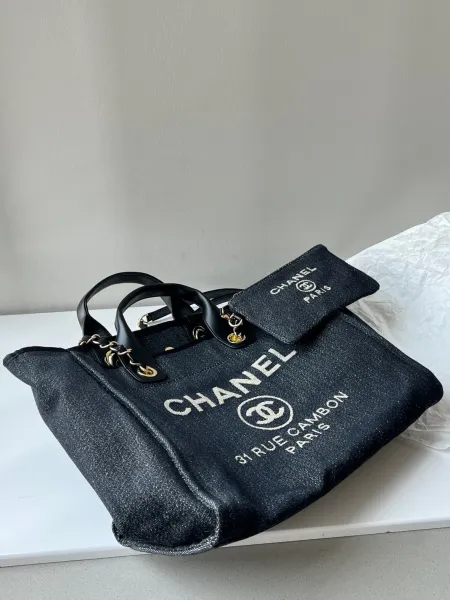 Chanel Deauville Tote Bag White Canvas with Black Logo - 44