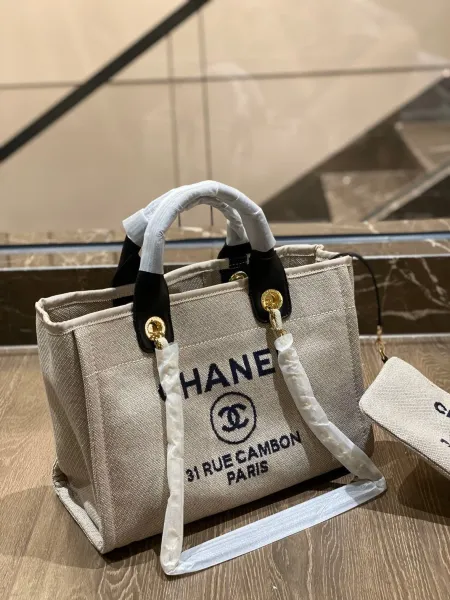 Chanel Deauville Tote Bag White Canvas with Black Logo - 26