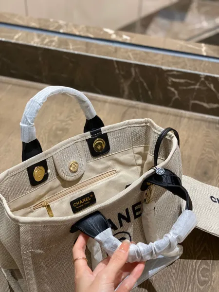 Chanel Deauville Tote Bag White Canvas with Black Logo - 29