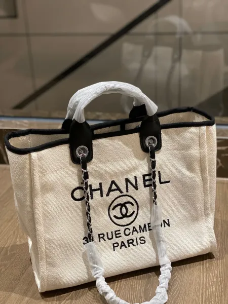 Chanel Deauville Tote Bag White Canvas with Black Logo - 48