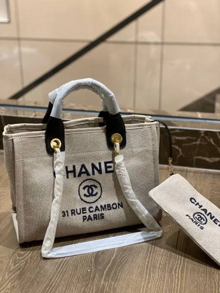 Chanel Deauville Tote Bag White Canvas with Black Logo - 25