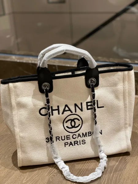 Chanel Deauville Tote Bag White Canvas with Black Logo - 46