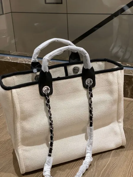 Chanel Deauville Tote Bag White Canvas with Black Logo - 47