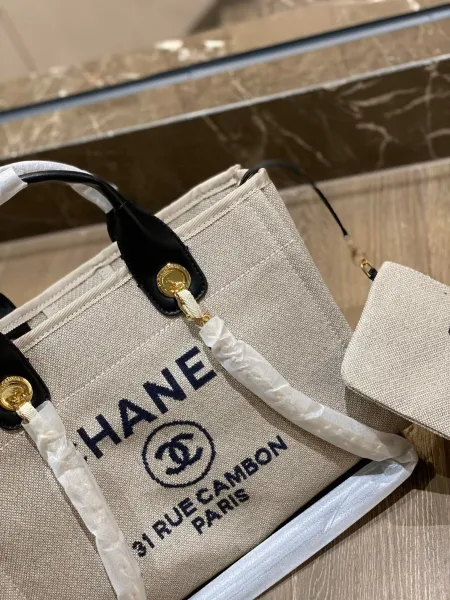 Chanel Deauville Tote Bag White Canvas with Black Logo - 28