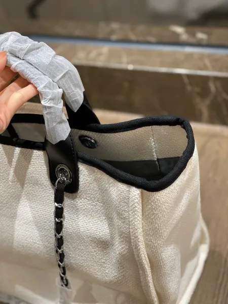Chanel Deauville Tote Bag White Canvas with Black Logo - 49