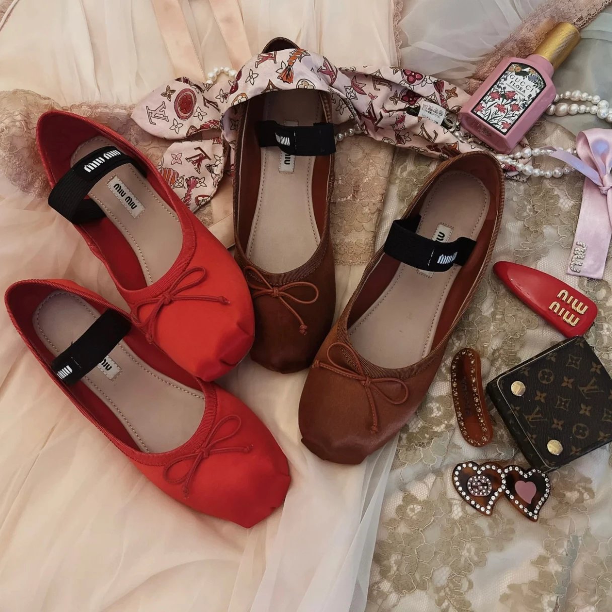 Miu Casual Shoes Bow Ballet Flats with Logo Elastic Strap image 8