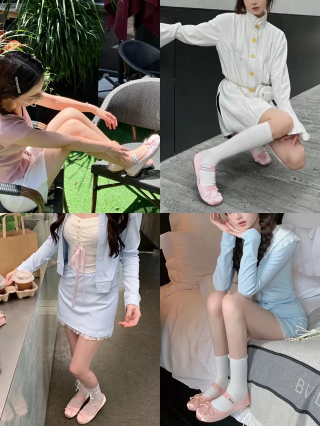 Miu Casual Shoes Bow Ballet Flats with Logo Elastic Strap product detail image 7