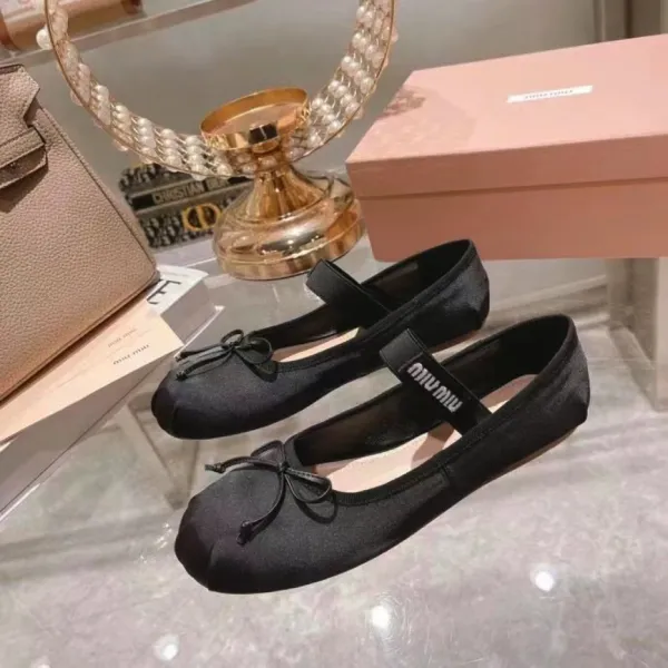 Miu Miu Bow-Embellished Satin Mary Janes Black Shoes Casual Shoes - 1