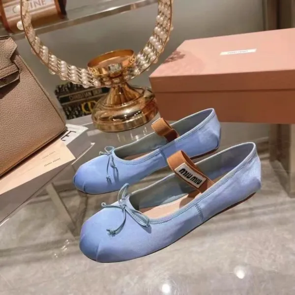 Miu Miu Ballet Flats Light Blue Satin Casual Shoes - 1