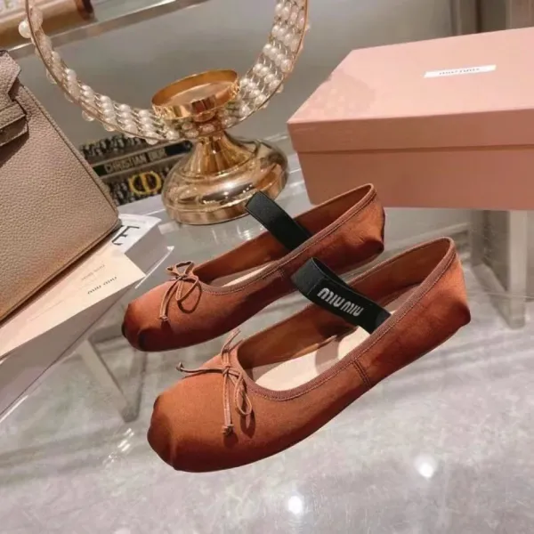 Miu Miu Ballet Flats Rust Satin with Bow and Logo Strap Casual Shoes - 1