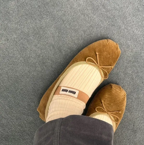 Miu Miu Ballet Flats Corduroy Beige Brown Shoes Casual Shoes - 1