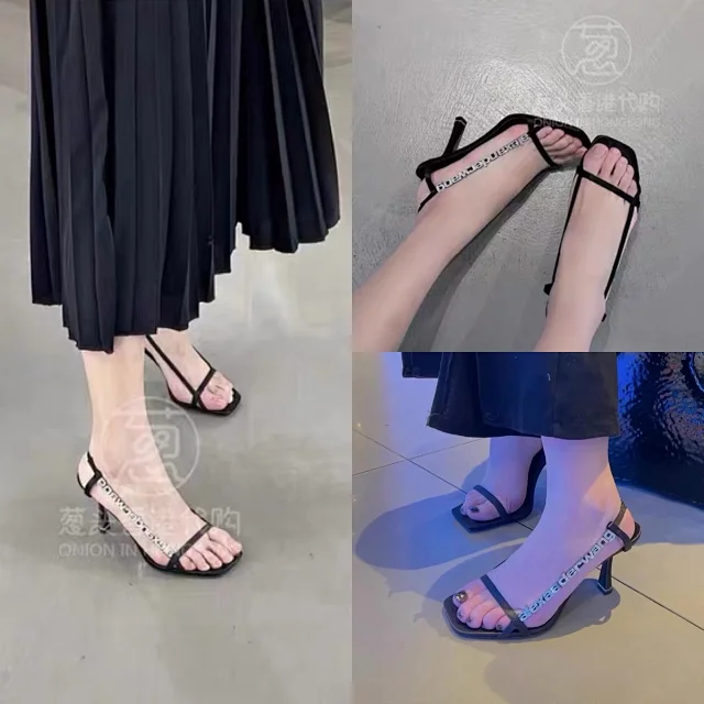 Alexander Wang High Heels Square-Toe Crystal Logo Slingback Stiletto Sandals product detail image 5