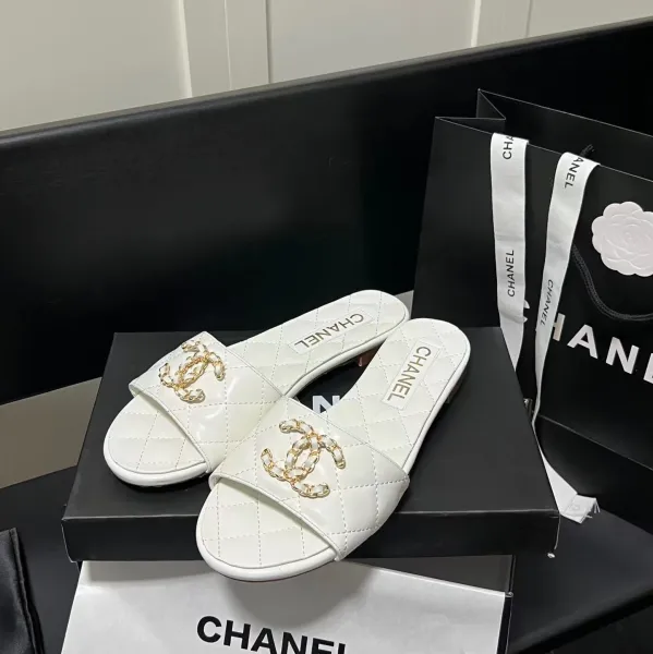 Chanel Quilted CC Logo Slide Sandals White Slippers - 1