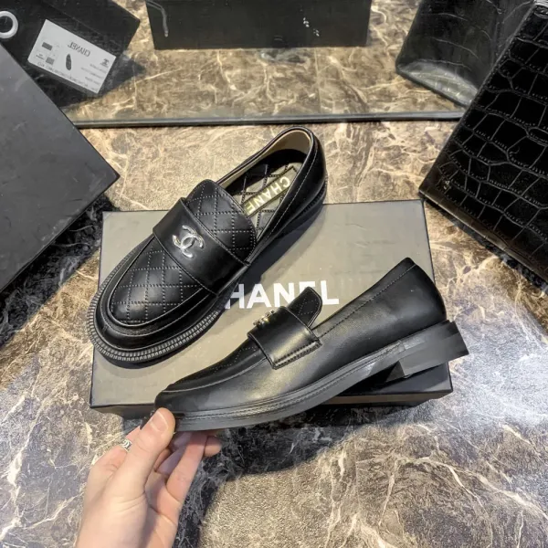 Chanel Quilted Loafers Black Leather Shoes - 11