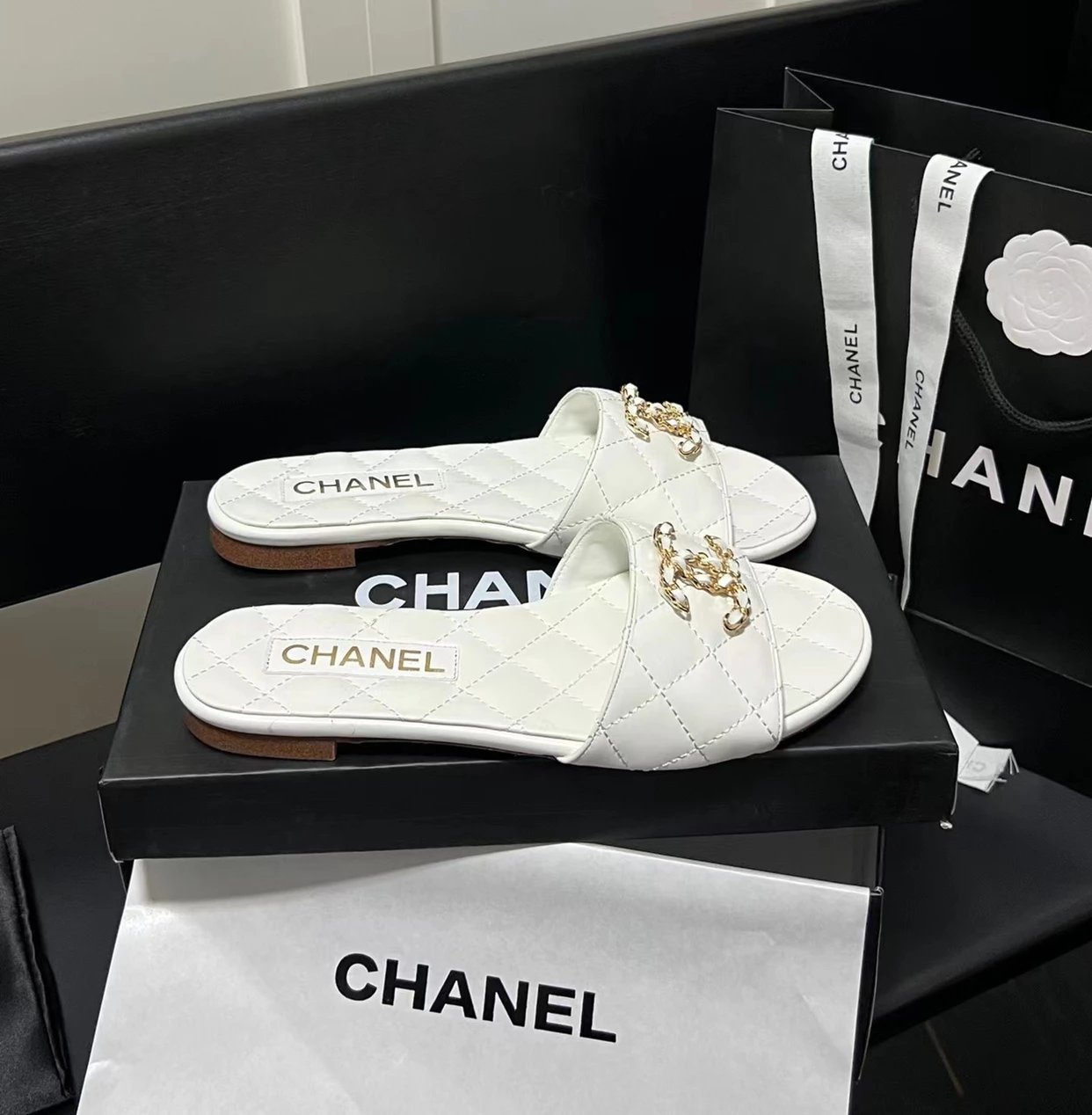 Chanel Quilted CC Logo Slide Sandals Black Slippers - 5
