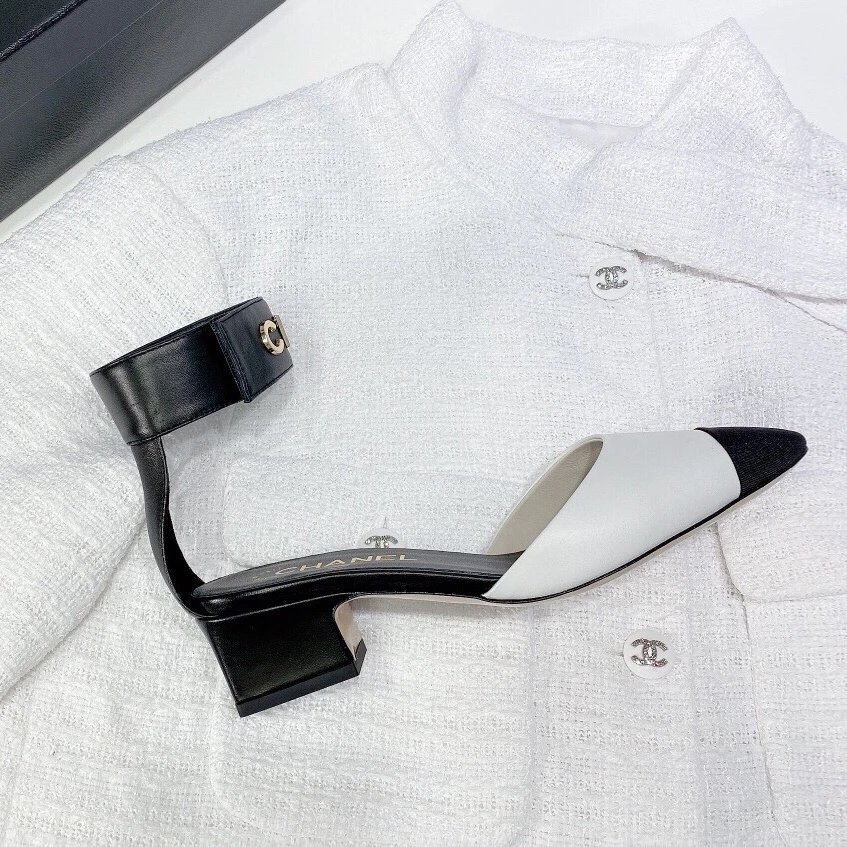 Chanel Mule Sandal with Ankle Strap in Black and White