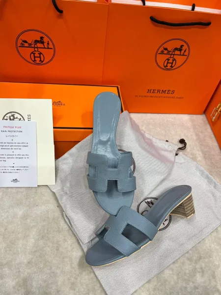 Hermès Oran Sandals Blue Gray Leather Wedge Sandals - 1