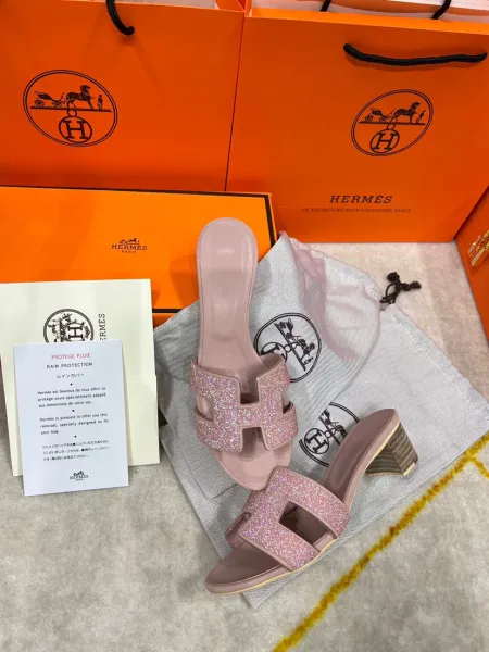 Hermès Oran Sandals Pink Glitter H-Logo Wedge Sandals - 1