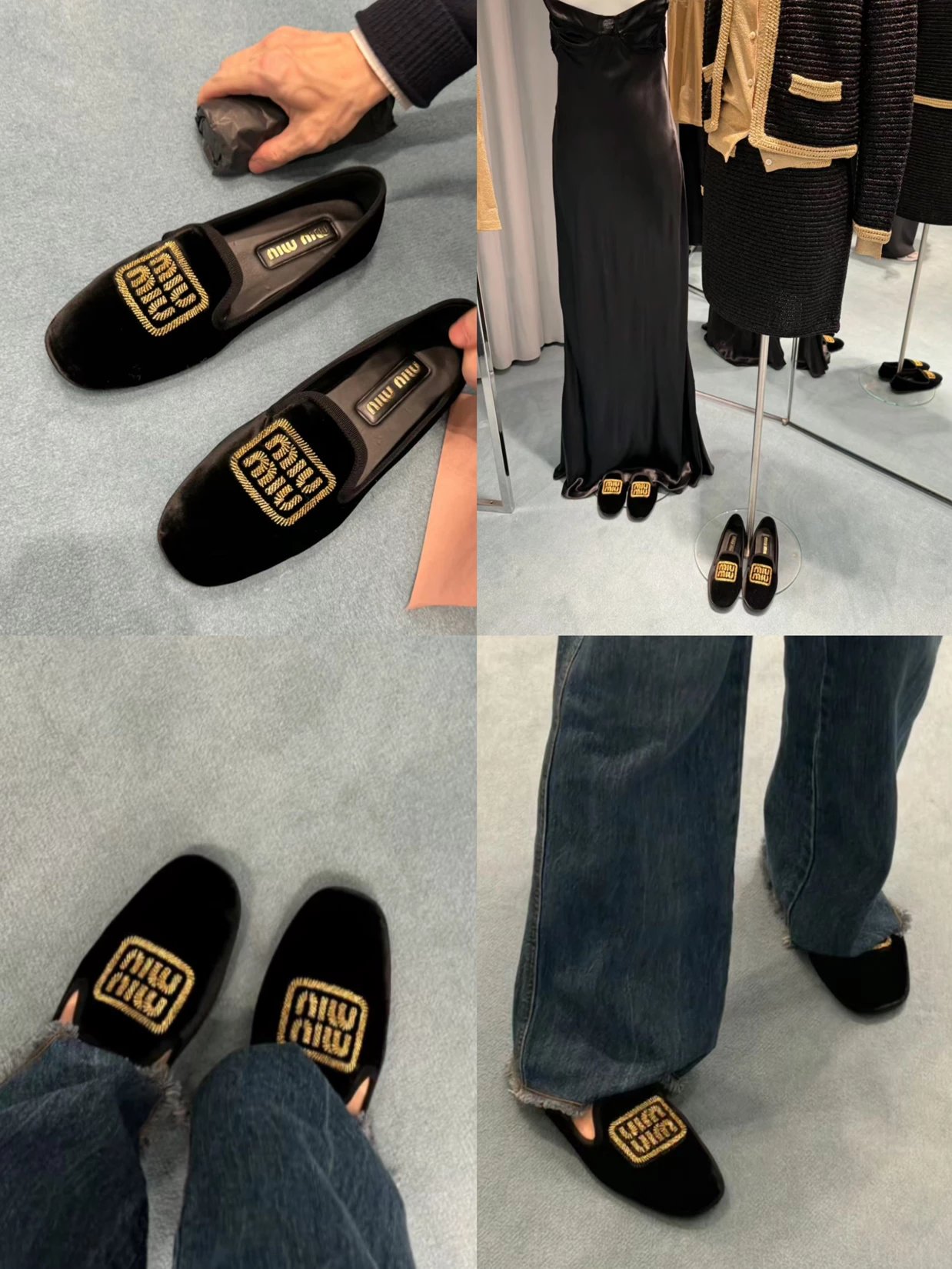 Miu Miu Logo-Embroidered Velvet Slippers Black - 3