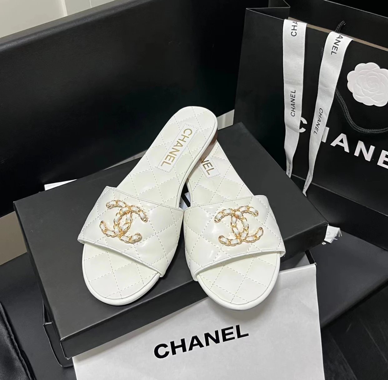 Chanel Quilted CC Logo Slide Sandals Black Slippers - 4