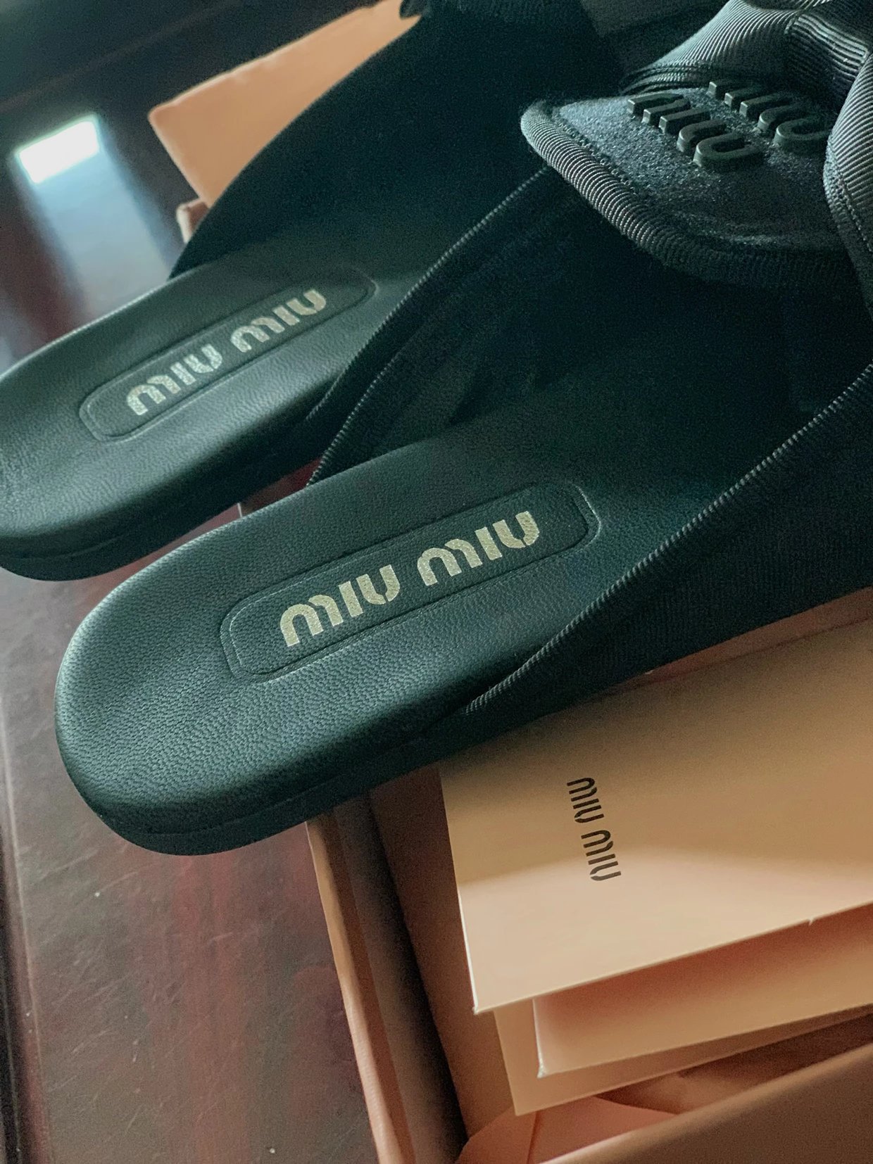 Miu Miu Logo-Embroidered Velvet Slippers Black - 26