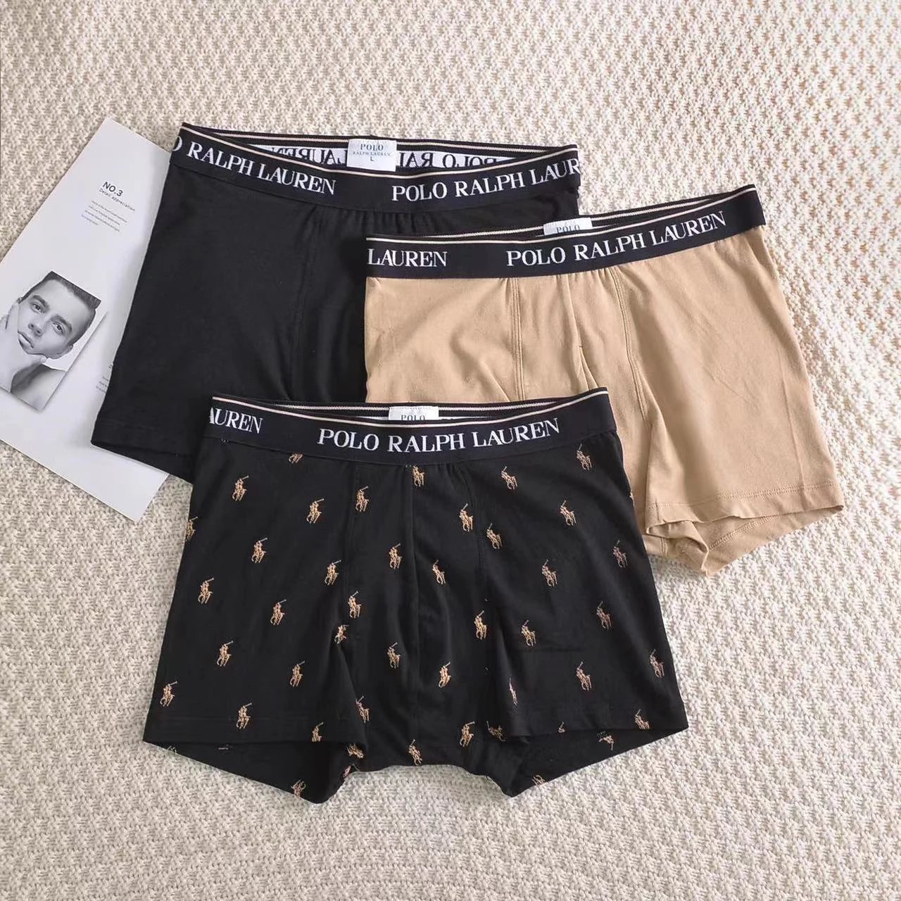 3-Pack Men's Ralph Briefs Now Available, 95% Cotton 5% Spandex, High-Stretch Fabric, Skin-Friendly, Breathable & Comfortable, One Box of 3 Pieces, Black, Beige, Black Pony All-Over Print, Sizes M-XXL. Note: This style runs small; for a looser fit, we recommend sizing up.
