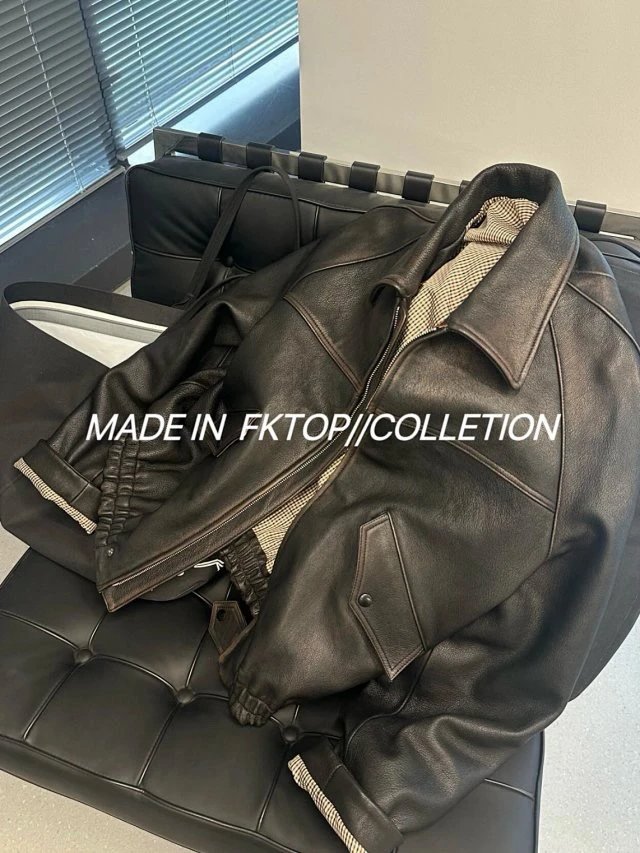 【FKTOP Artisan Craftsmanship】PRD 24FW Triangle Logo Distressed Leather Jacket (Custom Cowhide Composite Waxing & Distressing. Custom Woven Check Lining)