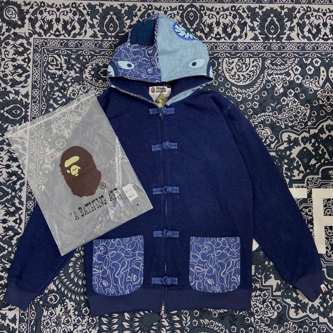 BAPE INDIGO SHARK Washed Blue Tie-Dye Camo Tang Jacket Shark Hoodie Zip-Up Outerwear