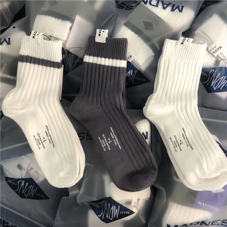 In Stock MADNESS Shawn Yue Same Style Mid-Calf Striped Socks Japanese Trendy Sweat-Absorbent Breathable Cotton Socks Casual White Socks