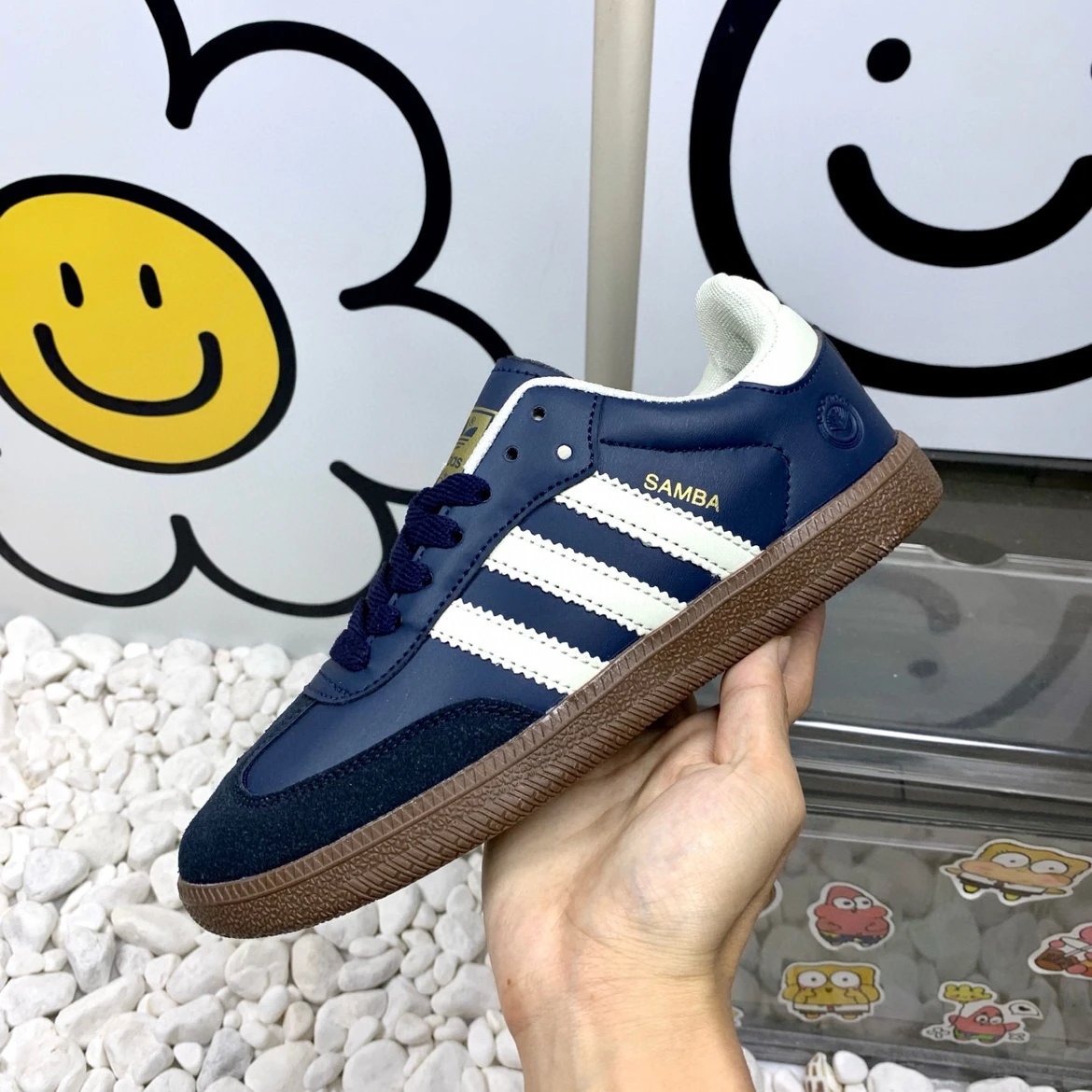 Adidas Samba Leather Training Shoes in Navy Blue with Trefoil Logo