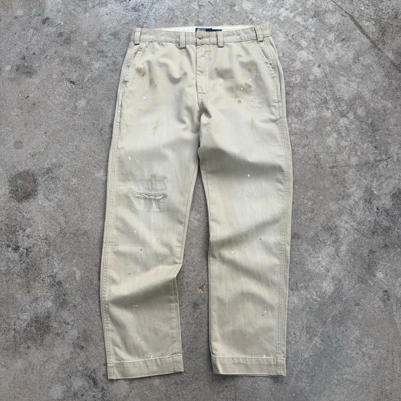 RL Broken Drum Classic Straight-Fit Khaki Officer Pants Distressed Aged Ink Splatter ~ Lightning Crackle Wash!