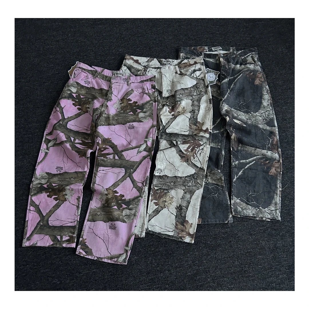 FW22 tri-color maple leaf branches high-waisted Wang Jiale same casual full print straight jeans pants