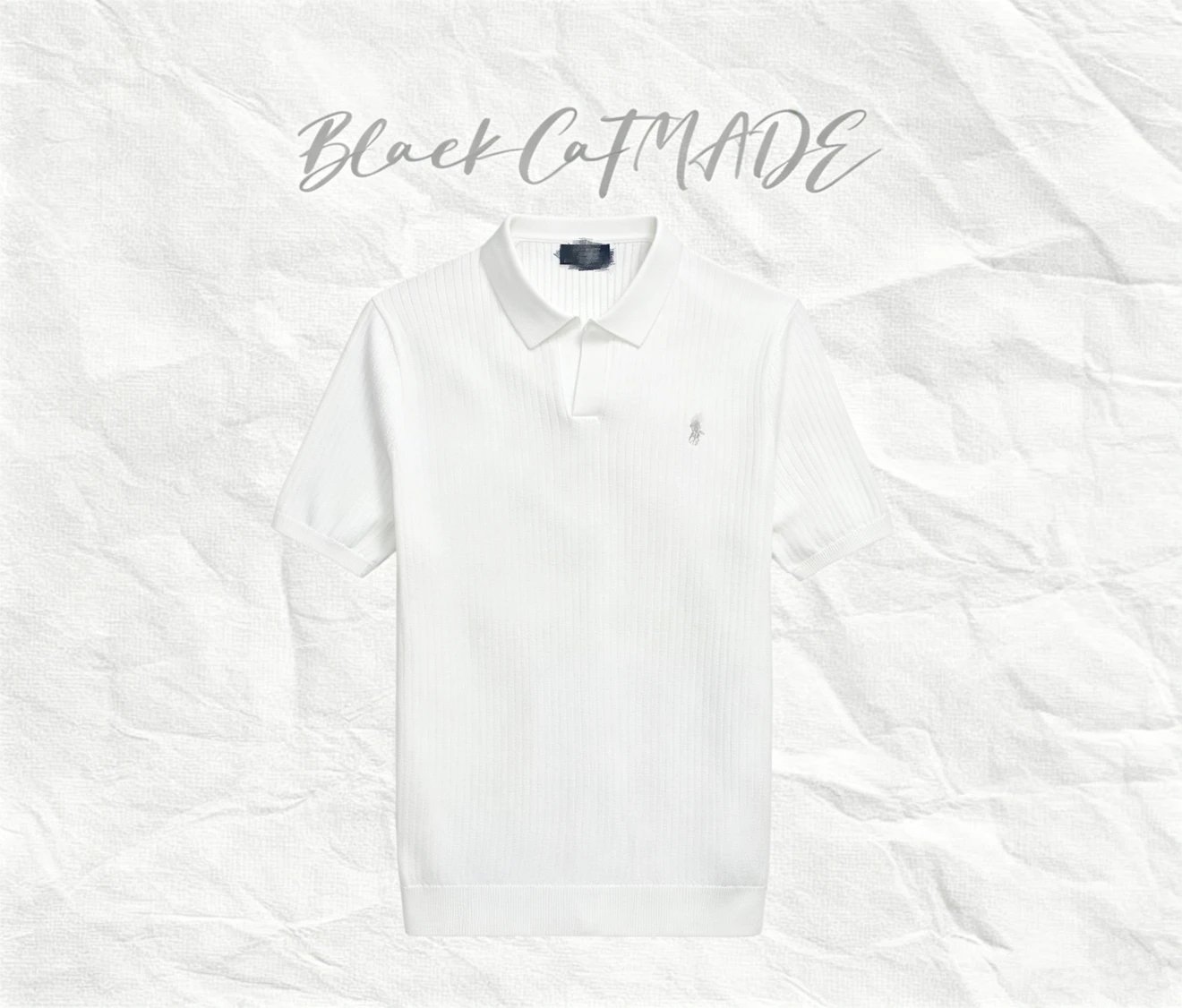 In Stock / Own Brand Fine Ribbed Textured Stripe Jacquard Polo Short Sleeve in White / Dual Collar Seamless Switch
