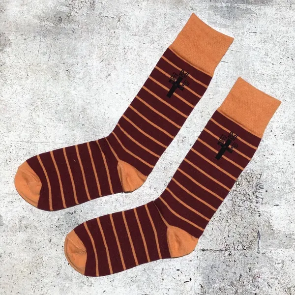 Design Striped Cross Logo Socks in Burgundy and Orange - 7