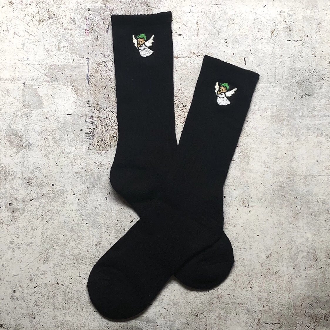 Design Angel Embroidered Black Crew Socks - 9