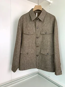 thumbnail for Imported rain dew, linen, herringbone texture, texture gives a natural and rustic atmosphere, multi-pocket design, both practical and decorative, with a multi-level visual impact, custom buttons, straight silhouettes, cropped men's lapel jackets, casual coats