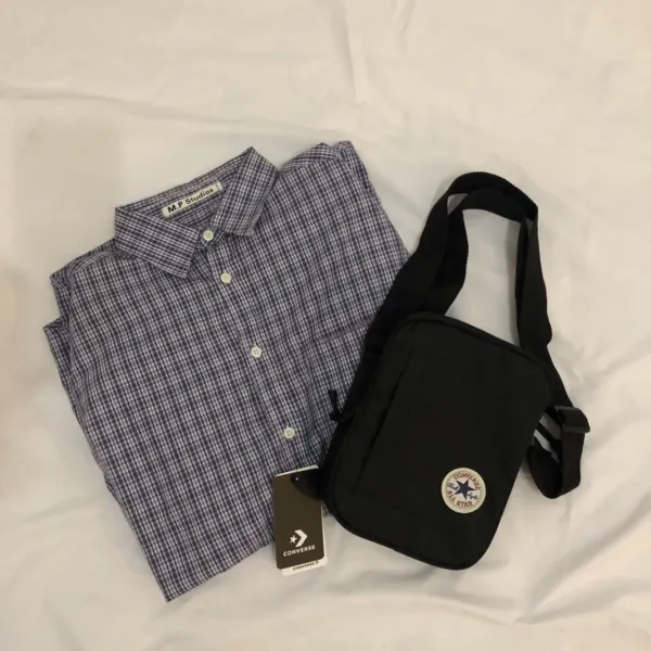 M.P Studios Checkered Shirt Navy Blue and White + Converse All Star Crossbody Bag Black - 1