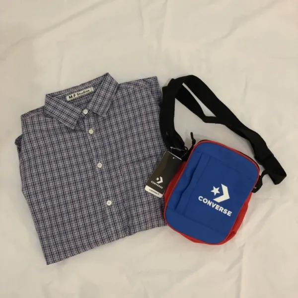 M.P Studios Checkered Shirt Navy Blue and White + Converse All Star Crossbody Bag Black - 7