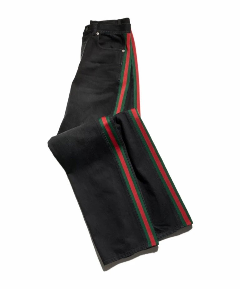 Guc by Demna26 fashion show washed gray side red green wool woven straight leg jeans
