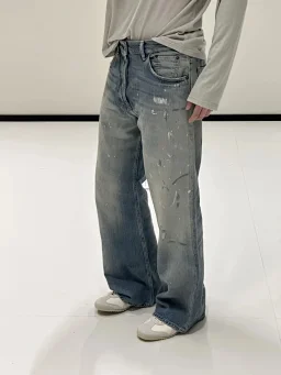 thumbnail for [Spot Seconds] Acn Studio 2021M Light Blue Graffiti Hand-Painted Washed Ink-Splashed Bootcut Jeans