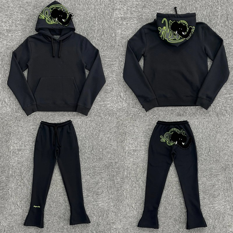 cny S-World Tarcksuit-Black-Green 黑面料 绿边印花针织套装SY-83