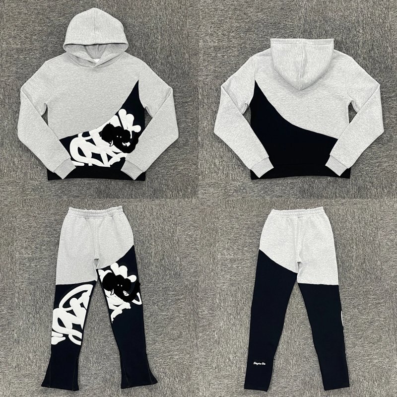 cny SYNAWORLD SLICE TRACKSUIT-GREY/BLACK 白色贴布绣 麻灰拼黑色套装 SY-116