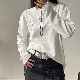 thumbnail for Heat White XL Size Real 925 Silver Custom Genuine Original American PIMA Cotton Fabric Top Layer Genuine Leather Cross Waffle Long Sleeves