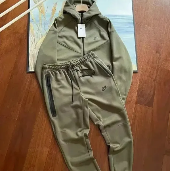 Nike Tech Fleece Hoodie and Joggers Set Olive Green Tracksuit - 1